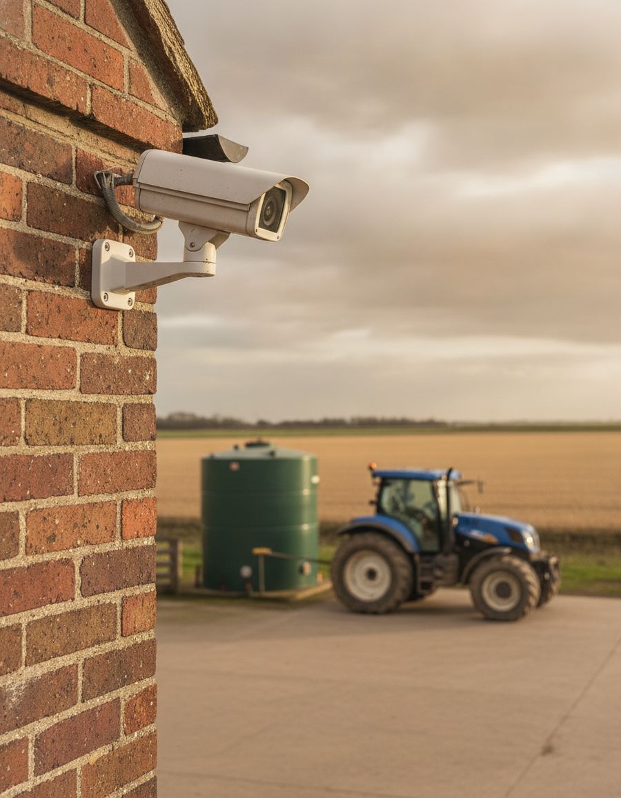 Weatherproof CCTV camera on a farm building wall overlooking a yard with a green fuel tank and a tractor